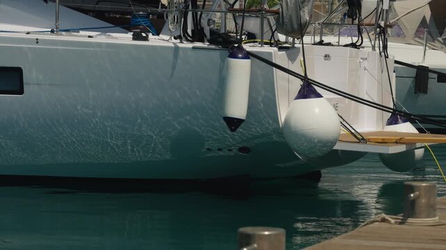 Closeup Boat Fenders Protecting White Hull At Dock, Fender Ropes And Cleat Knots Visible, Waterfront Maintenance Mood With Sunlight And Gentle Reflections