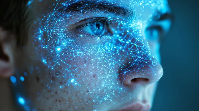 Close-up side portrait of young man guy, glowing blue network of digital points across his skin, artificial intelligence, biometrics, cyber technology, innovation, identity scanning futuristic systems