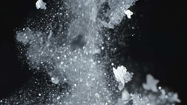 Glittering dust particles explode outwards against a dark background