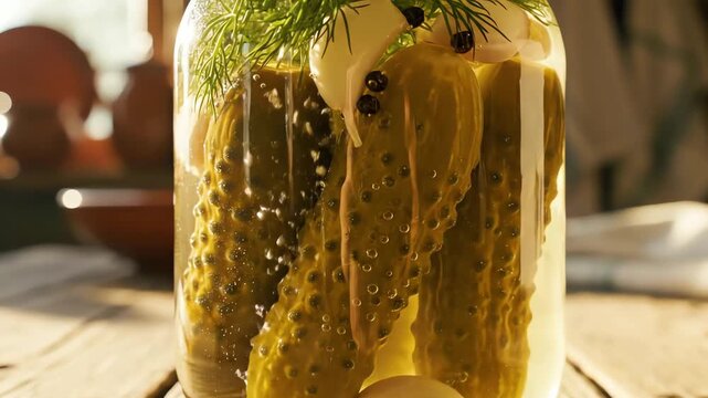 Jar of pickles with dill and garlic on wooden table