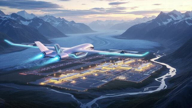Futuristic aircraft flying over airport surrounded by mountains