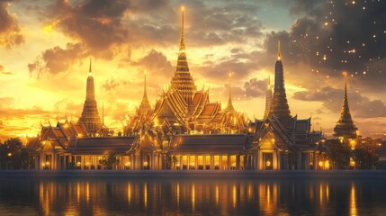 Naklejka premium Majestic sunset over grand palace in bangkok reflecting on water