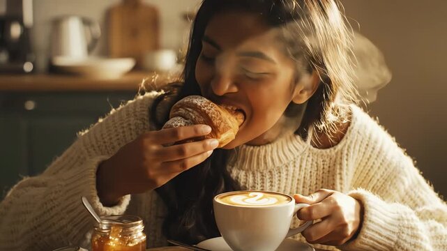 Woman enjoying breakfast with coffee and pastry natural light and warm tones