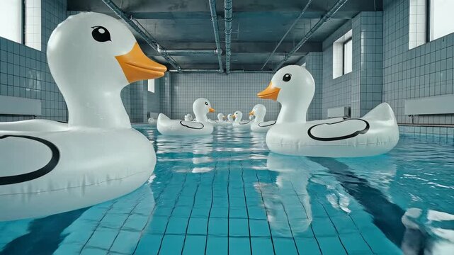 Inflatable white duck floats in a tiled indoor swimming pool.