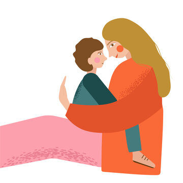 A son sits in his mother's arms. Isolated design of a mother and son. Illustration for Mother's Day
