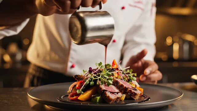 A chef drizzling sauce over a gourmet dish with meat and vegetables on a black plate in a professional kitchen