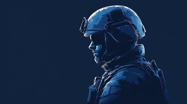 Profile of a Soldier in Tactical Gear with Helmet Against Dark Background