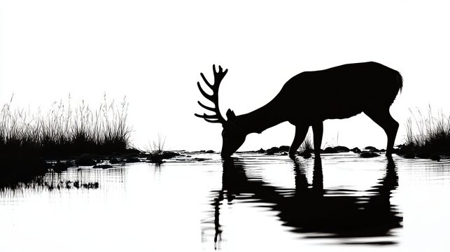 Silhouette of deer drinking from tranquil river at sunrise