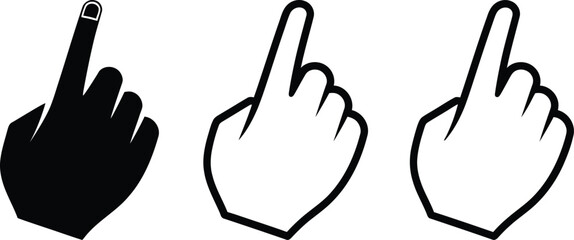 Obraz premium Three hands with index fingers pointing upwards in different styles on white background