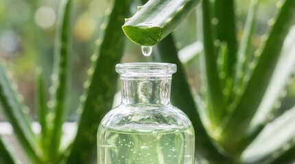 Aloe vera extract droplet falling from succulent leaf into clear glass bottle