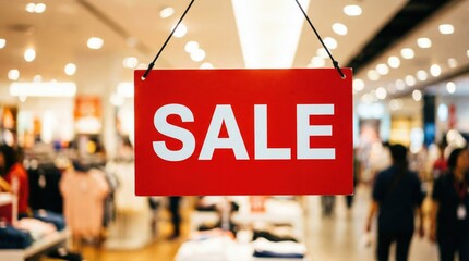 Sale sign hanging in busy retail store with blurred shoppers and merchandise