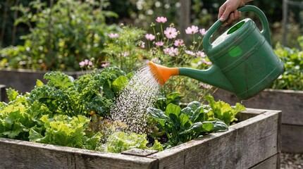 Person watering raised vegetable bed with green watering can and leafy greens