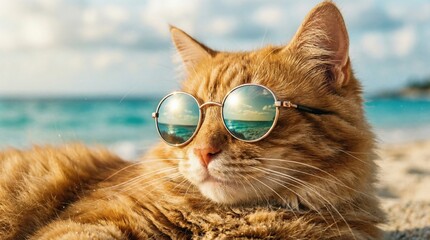 Cat wearing round sunglasses relaxing on sunny beach with ocean reflection