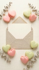 Heart macarons arranged around open envelope with blank note for message