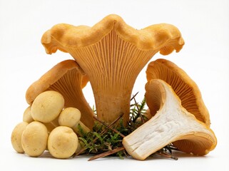 Chanterelle mushrooms arranged with small round mushrooms on white background