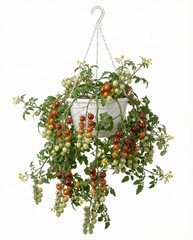 Hanging basket of cherry tomatoes overflowing with ripening fruit and foliage