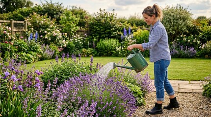 Woman watering flowering garden beds with watering can in sunny backyard