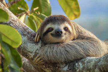 Fototapeta premium A serene and relaxed three-toed sloth resting on a tree branch surrounded by lush green leaves in a tranquil natural environment on a clear day