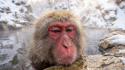Obraz premium Cute japanese snow monkey soaking natural hot spring wild macaque red face authentic nature wildlife animal beautiful winter outdoor survival warm steam background fauna