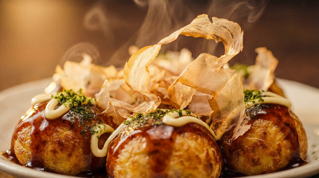 Hot dancing bonito flake traditional japanese takoyaki octopus ball authentic street food delicious asian culinary cooking tasty snack market festival warm meal background