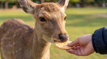 Fototapeta premium Feeding cute nara deer traditional japanese senbei cracker beautiful wild animal authentic nature wildlife environment outdoor park friendly mammal hungry eating tourist background