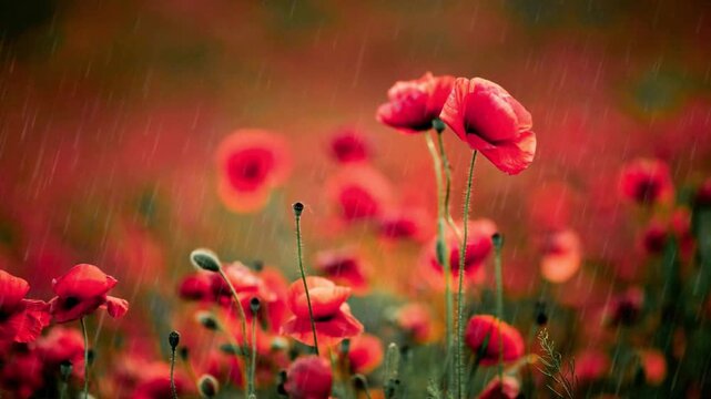 Beautiful red corn poppy field in the rain with soft bokeh and dramatic lighting for meditation or nature concepts.