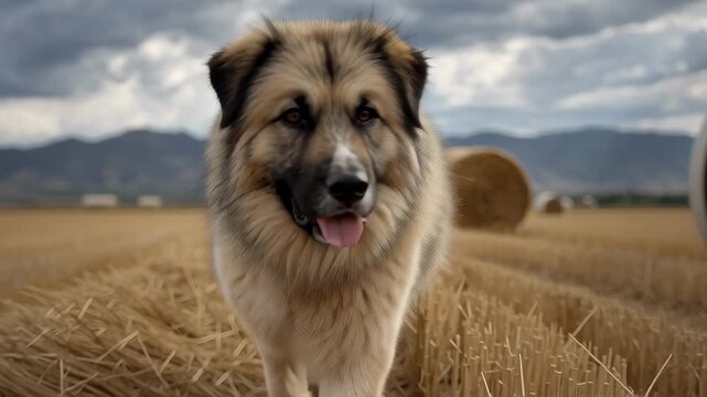 Central Asian shepherd dog Alabai walking across a rural hay field with mountains in background, strong livestock guardian breed on farmland