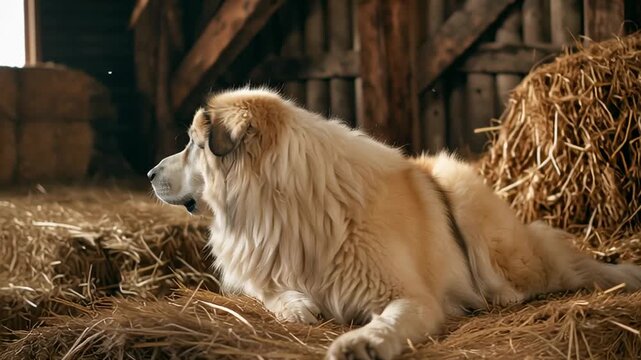 Central Asian shepherd dog Alabai lying on hay inside a rustic barn, large protective livestock guardian breed resting calmly on a farm