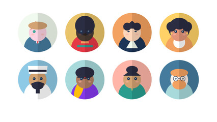 Fototapeta premium A set of eight diverse flat design people avatars in circular icons, perfect for user profiles and character representation in modern web and app interfaces.