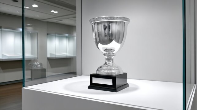 Silver trophy displayed in a glass case on a white pedestal inside a modern exhibition hall with bright lighting and minimalistic design elements