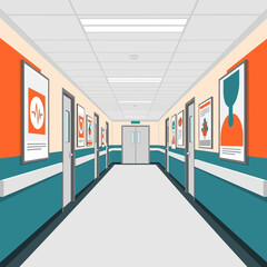 Fototapeta premium Hospital Corridor Perspective: Illustrative Design of a Medical Facility Pathway with Doors and