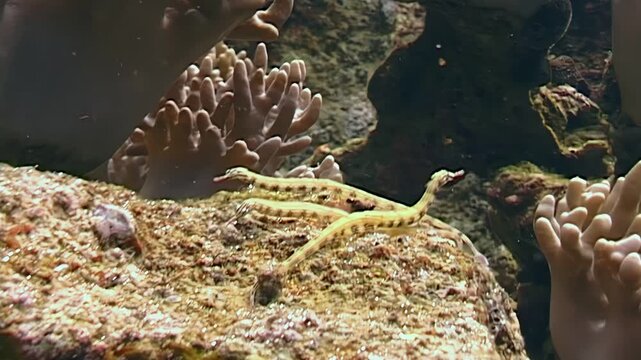 Two Dragonface pipefish move slowly across a rock near soft coral. This moment was captured in the waters of Papua New Guinea, showcasing these unique fish in their natural habitat.