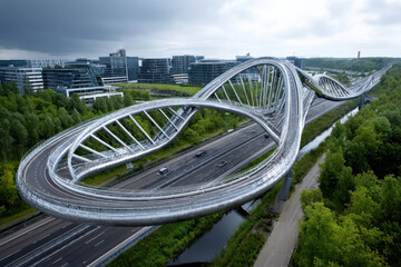 Fototapeta premium Unique design of an elevated bridge connecting urban areas and nature in a modern setting