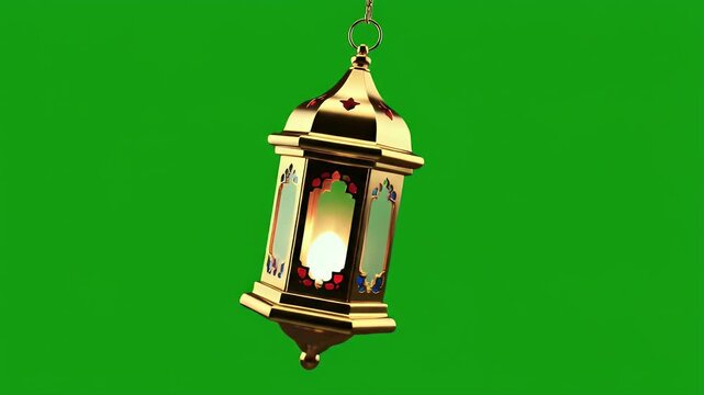 Ornate golden lantern with illuminated bulb hanging against a green screen