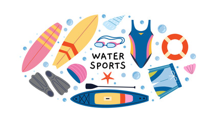 Round composition with Water sports equipment like surfboard, swimsuit, flippers and paddle board. Summer aquatic gear. Trendy modern vector illustration isolated on white, hand drawn, flat design © WinWinFolly