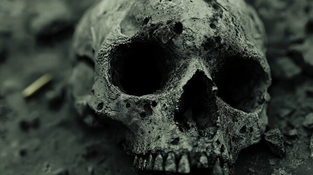 Ancient human skull lying on dark ground surface in mysterious setting