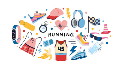 Obraz premium Round composition with Running equipment and accessories. Sneakers, smartwatch, headphones and race elements. Trendy modern vector illustration isolated on white, hand drawn, flat design
