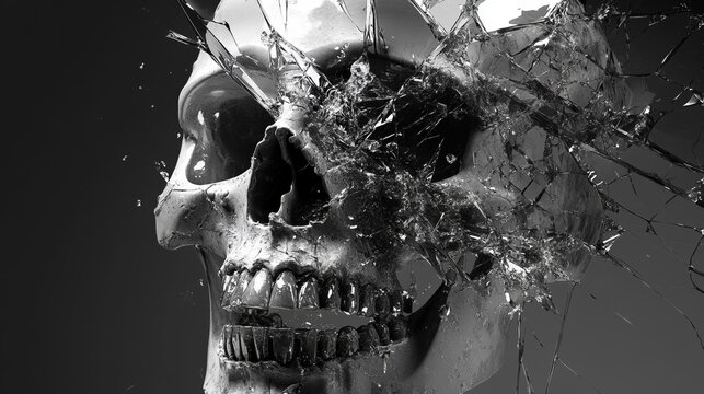 Shattering skull with exploding glass in monochrome art