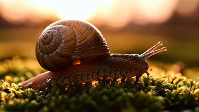 A detailed close-up of a snail's shell and body, glowing in warm sunset light
