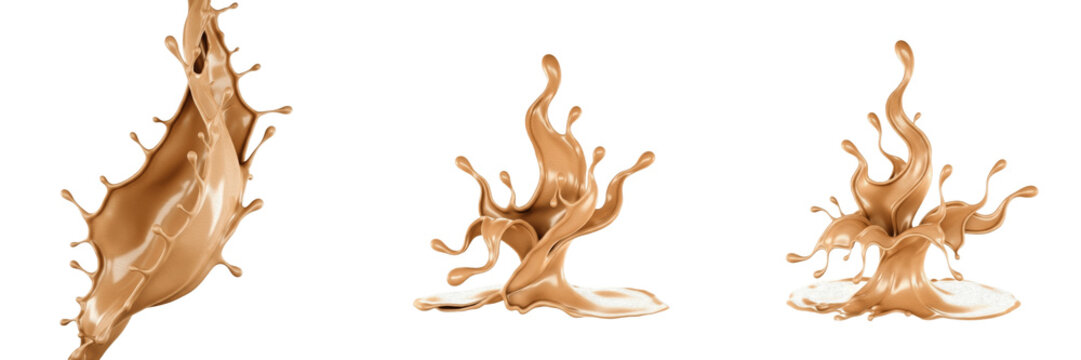 Set of realistic caramel or coffee splashes with milk drops isolated on white background