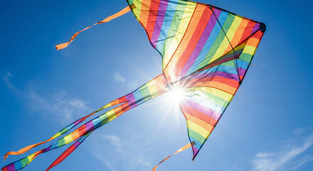 Fototapeta premium Colorful rainbow kite flying in bright blue sky with sunlight 