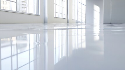 Obraz premium Sunlit contemporary interior with glossy white floor and large windows