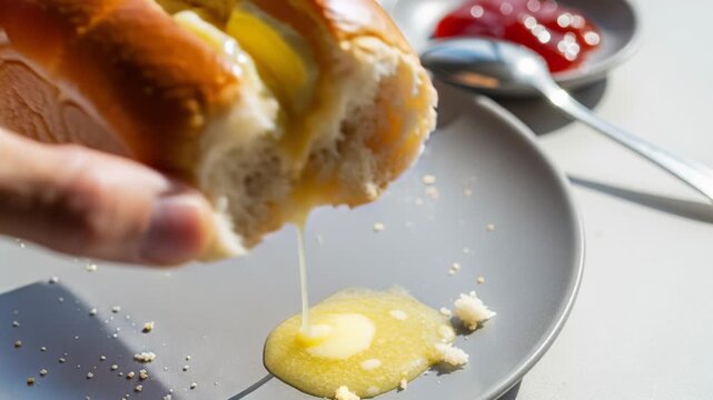 hand holding buttered bread roll with jam on sunny morning breakfast table