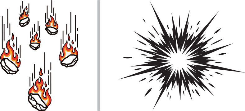 A dynamic vector graphic featuring falling flaming meteors or debris on the left and a sharp, high-contrast radial starburst explosion icon on the right.