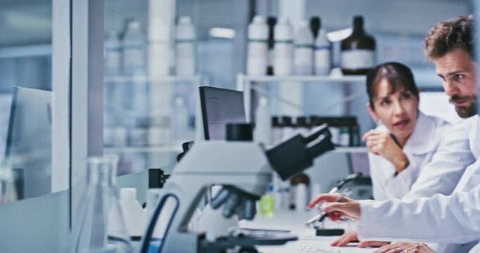 People, scientist and team for review at lab, talk or point for collaboration with medical research. Man, women and group for feedback, checklist or pharmaceutical study on pc for vaccine development