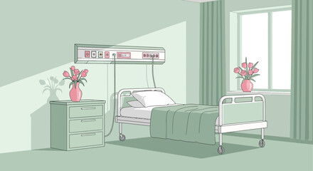 Fototapeta premium Hospital Room Depiction Featuring Bedside Table, Flowers, And Medical Equipment Illustration