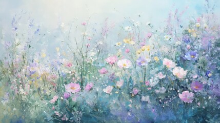 Obraz premium Dreamy pastel floral landscape with lush wildflowers under soft light