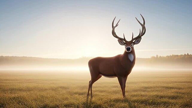 A majestic deer with large antlers walks gracefully across a misty field at sunrise.