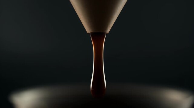 A single drop of dark liquid drips from a conical funnel