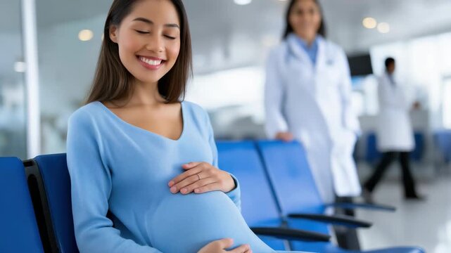 Pregnant woman smiling in hospital waiting area with doctor approaching